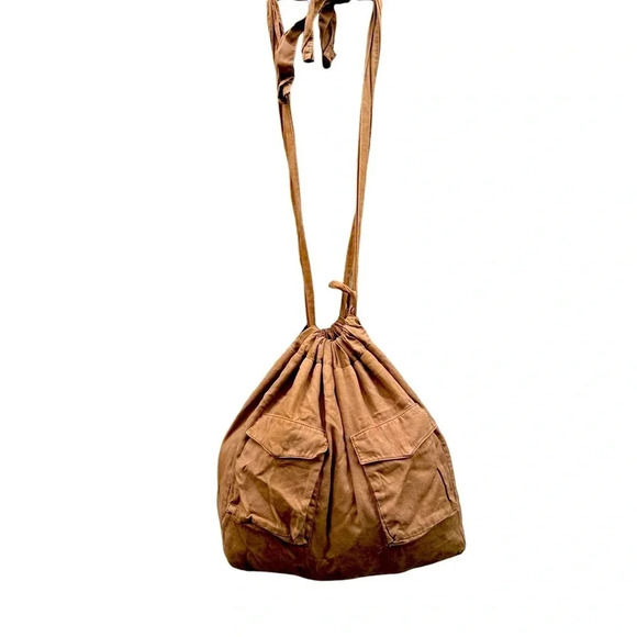 ZARA Brown Canvas Cotton Tote Bag Large 21x17 Adjustable Straps Boho Hobo Hippie - Picture 3 of 5